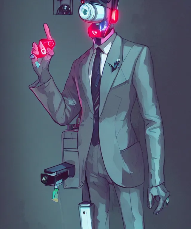 Prompt: a portrait of an anthropomorphic surveillance camera wearing a suit, pointing at the camera, cyberpunk!, fantasy, elegant, digital painting, artstation, concept art, matte, sharp focus, illustration, art by josan gonzalez