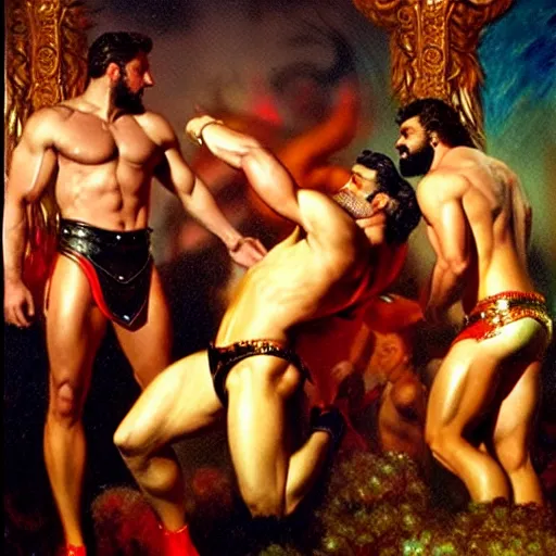 Image similar to muscular zeus wears leather at a dance club and falls in love with the handsome god jupiter, painting by gaston bussiere, craig mullins, j. c. leyendecker, tom of finland