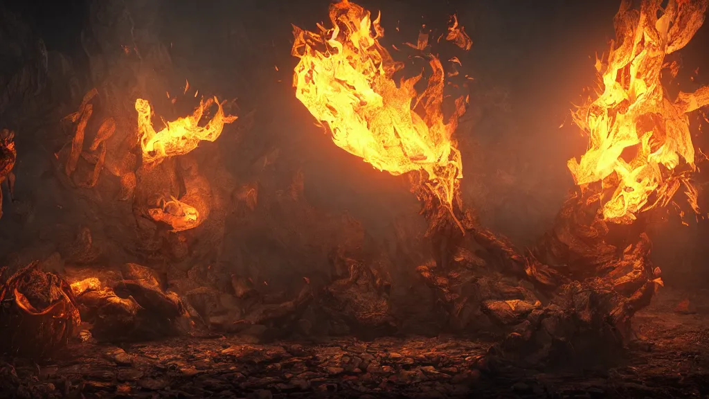 Prompt: underworld and inferno comes alive photorealistic, fire, particles, concept art, 8K, concept art, DSLR, filmic, HDR, Unreal Engine, volumetric lighting, Dark art