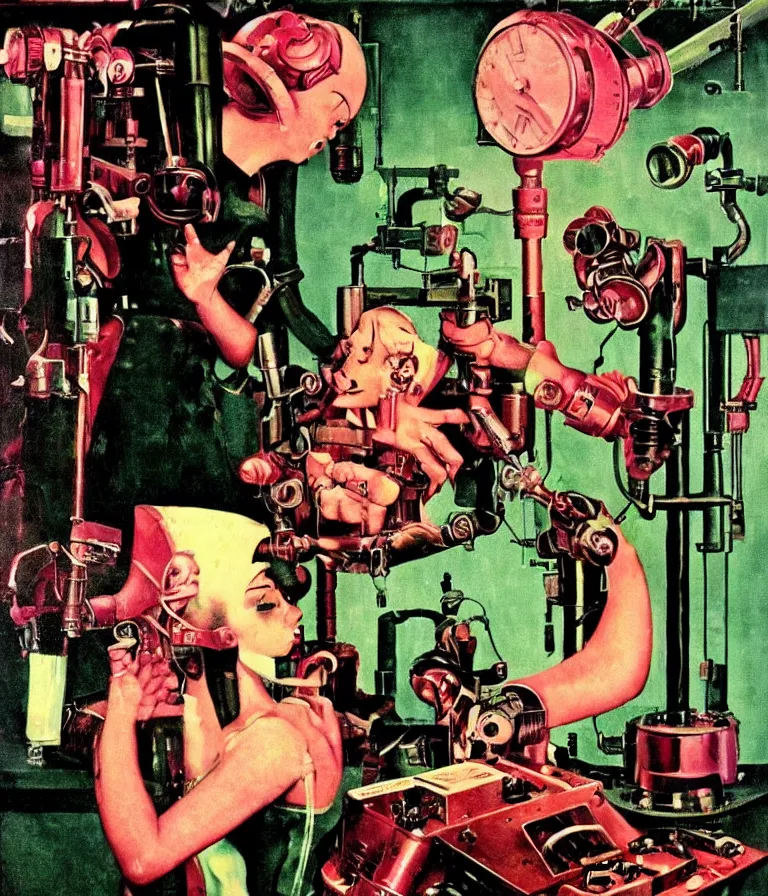 Image similar to a female mad scientist building a manly robot, in a darkly lit laboratory room, 1 9 5 0 s horror film movie poster style, ( norman rockwell oil painting ), retro science fiction, vintage, saturated pink and green lighting, shadowy lighting, cohesive