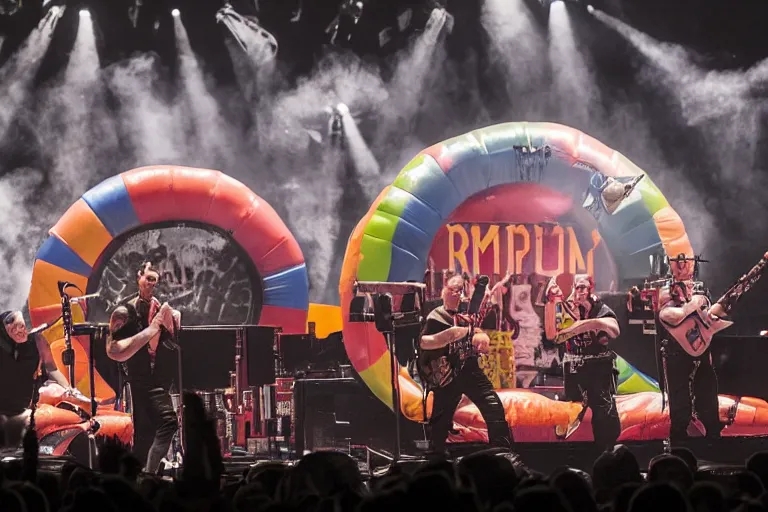Prompt: rammstein band playing in a bouncy castle