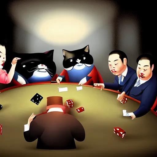 Image similar to fat mobster cats gambling at a table with a single light overhead, smoke fills the room, chinese art style photo