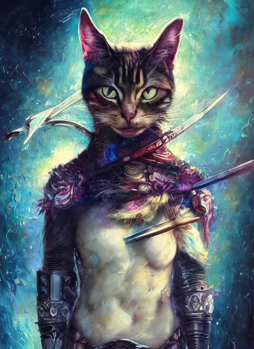 Prompt: a humanoid cat with a sword, Atmospheric beautiful by Stanley Artgerm, Tom Bagshaw, Arthur Adams, Carne Griffiths, trending on Deviant Art, street art, face enhance, chillwave, maximalist, full of color, glittering, 8k, hd