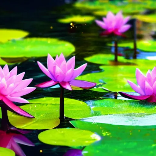 Image similar to a closeup photograph of waterlily gundam stepping out of a pond with a lazer rifle dripping water. film still. brightly lit scene. this 4 k hd image is trending on artstation, featured on behance, well - rendered, extra crisp, features intricate detail, epic composition and the style of unreal engine.