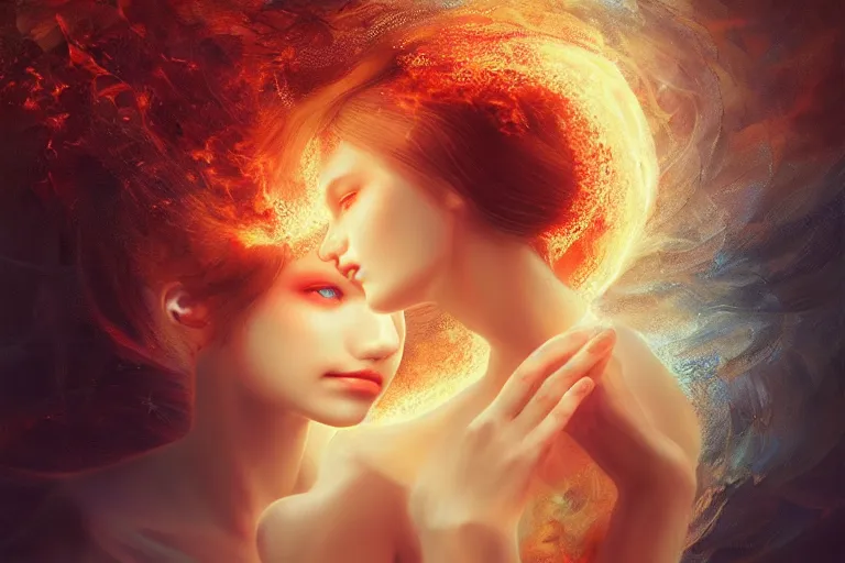 Prompt: ocean of canvas catching fire, angelic face, magical, emotional, concept art, art nouveau, inspired by reylia slaby, peter gric, volumetric lighting, intricate, ornate
