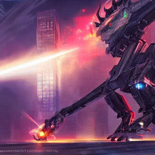 Image similar to enormous mech dragon firing a laserbeam at the center of a big city, cinematic, concept art, digital painting