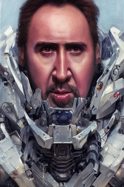 Image similar to Portrait of Nicolas Cage as super Mecha anime robot, intricate, highly detailed, smooth, artstation, digital illustration by Ruan Jia and Mandy Jurgens and Artgerm and Wayne Barlowe and Greg Rutkowski and Zdislav Beksinski