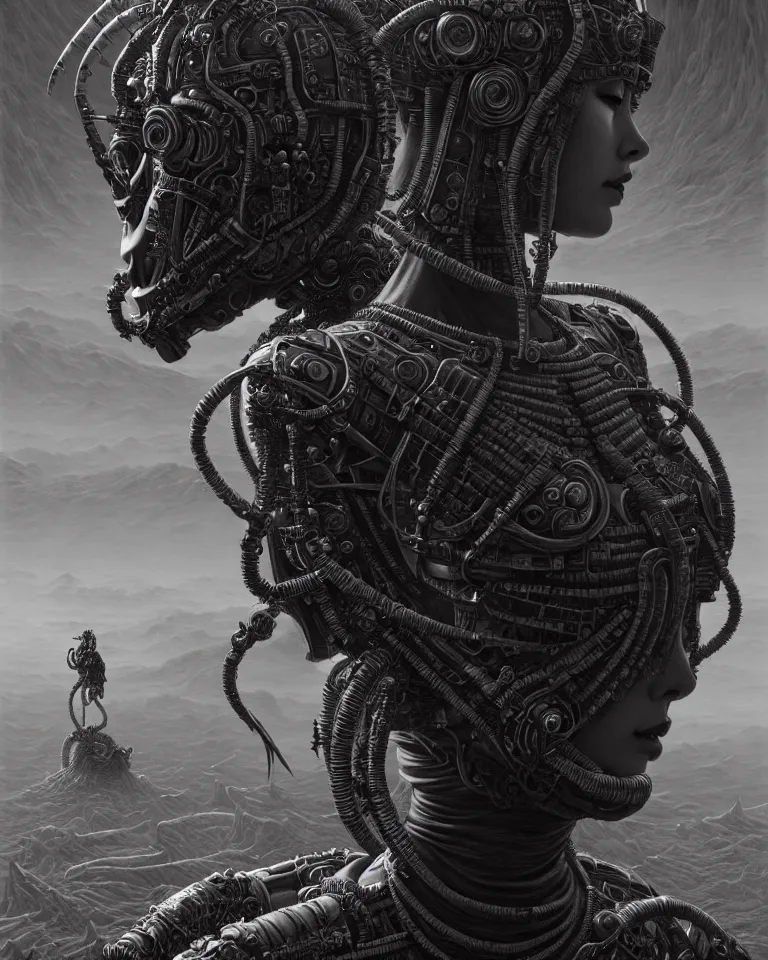 Prompt: ultra realist intricate detailed portrait of a dark samurai cyberpunk girl in an alien landscape, insanity, accurate features, apocalyptic, very intricate details, 8 k resolution, dim lighting, volumetric lighting, artstyle, zdzisław beksinski and keith thompson, award winning