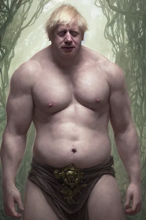 Prompt: portrait of boris johnson as a very pale hulking herculean demon, big pot belly, forest, godlike, full body, fantasy, intricate, elegant, highly detailed, digital painting, artstation, concept art, sharp focus, illustration, art by artgerm and greg rutkowski and alphonse mucha