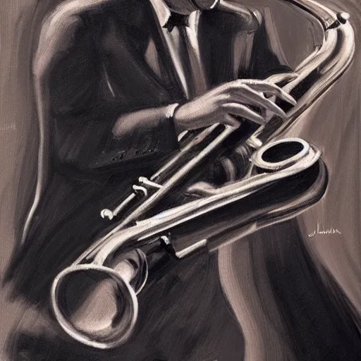 Prompt: long shot jazz player john coltrane as a severe tall giant playing at a dark black jazz cafe in paris 1 9 5 6, intricate, elegant, highly detailed, digital painting, artstation, concept art, smooth, sharp focus, illustration, modern art museum