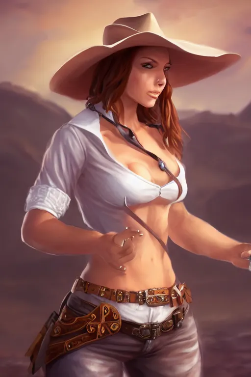 Image similar to full body, female cowgirl, perfect face, white blouse, 8 k, magic the gathering, desert, d & d, artstation, high detail, smooth, muscular