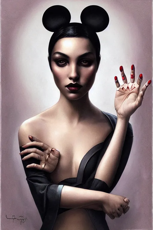 Prompt: head of a black queen in the shape of mickey mouse, hands with 5 fingers, by tom bagshaw