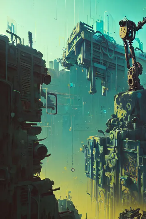 Image similar to matte painting of overgrowth extreme 3 d calligraphy graffiti tag mural maximalism robot by atey ghailan, by greg rutkowski, by greg tocchini, by james gilliard, by joe fenton, yellow, brown, black and cyan color scheme, octane render