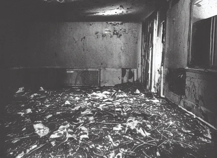 Prompt: 1 9 9 3, disposable camera, flash, pov, old abandoned house, male : creature, standing, meat, ooze, slime, veins, wet