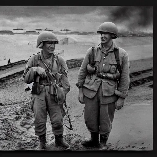 Image similar to Photo by Robert F. Sargent from 1944 Omaha beach with Shrek as one of the American soldiers, very detailed, realistic