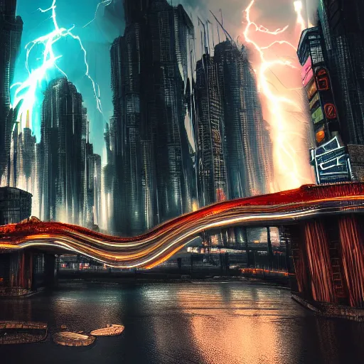 Image similar to a fantasy city with waterfalls gothic cyberpunk, cinematic lightning, clouds epic ultrawide