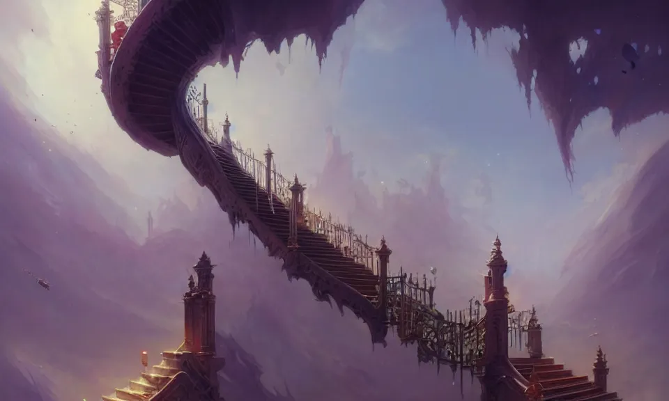 Prompt: the magnificent staircase to heaven, art by greg rutkowski and peter mohrbacher, featured in artstation, octane render, cinematic, elegant, intricate, highly detailed, fantasy, concept art, sharp focus, illustration, 8 k
