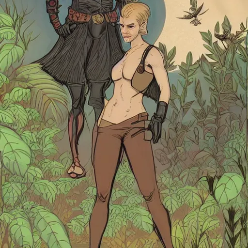 Image similar to modest short - haired handsome muscular blonde butch tomboy woman engineer standing beside taller dark fae feathered modest gothic jennifer connelly, in a beautiful lush garden at night, falling in love, highly detailed, romantic, trending on art station, illustration, mike mignola, comic book