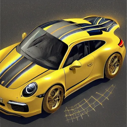 Image similar to black blue yellow porsche 9 1 1, complicated gold and blue flowers the baroque style decoration, dark fantasy, intricate, elegant, highly detailed, digital painting, artstation, concept art, matte, 3 d 8 k octane rendered, sharp focus, illustration, octane rendered, art by artgerm