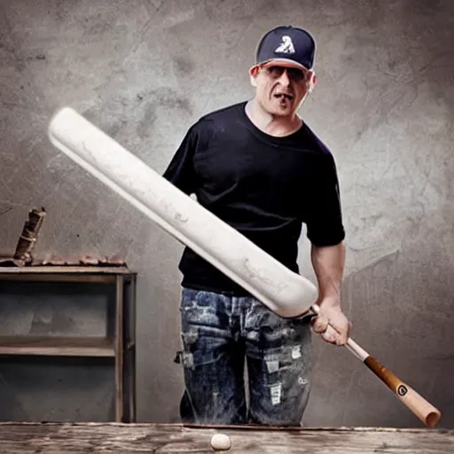 Prompt: an insane man hitting a table with an aluminum baseball bat
