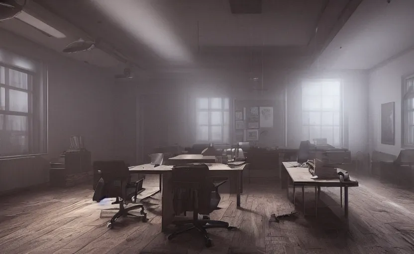 Prompt: office, gloomy and foggy atmosphere, octane render, rembrandt, cgsociety, artstation trending, horror scene, highly detailded