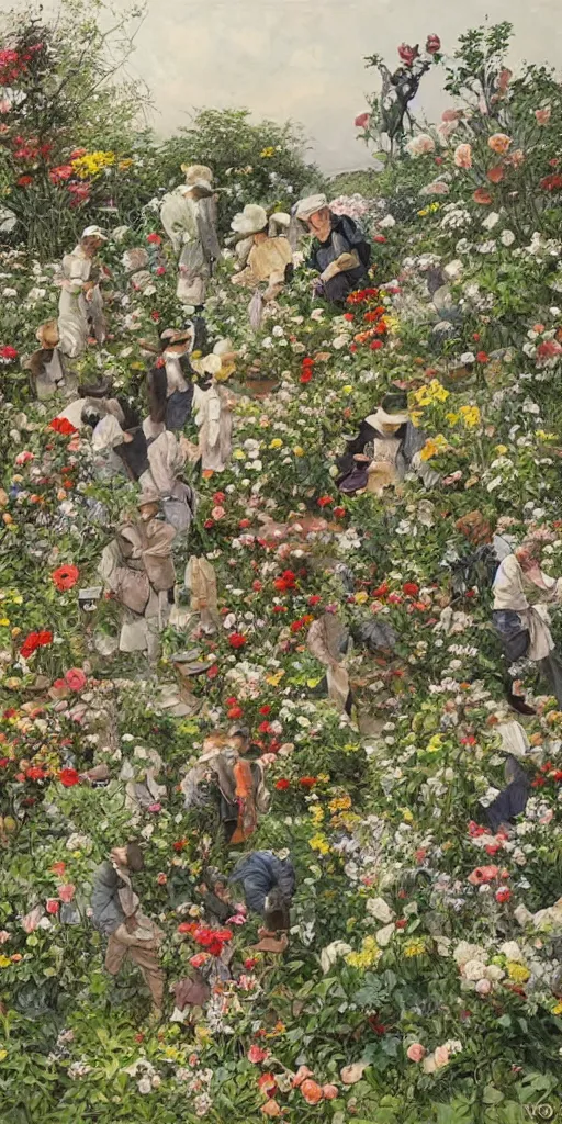 Image similar to oil painting scene from gardeners crowd in the flower garden by kim jung gi