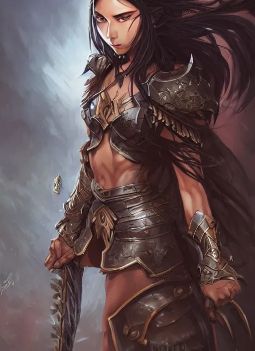 Image similar to beautiful warrior lady, black long hair, practical armor, brown skin, demonic eyes, low fantasy, extremely detailed, sharp focus, smooth, digital illustration, by rossdraws, frank franzzeta, sakimichan