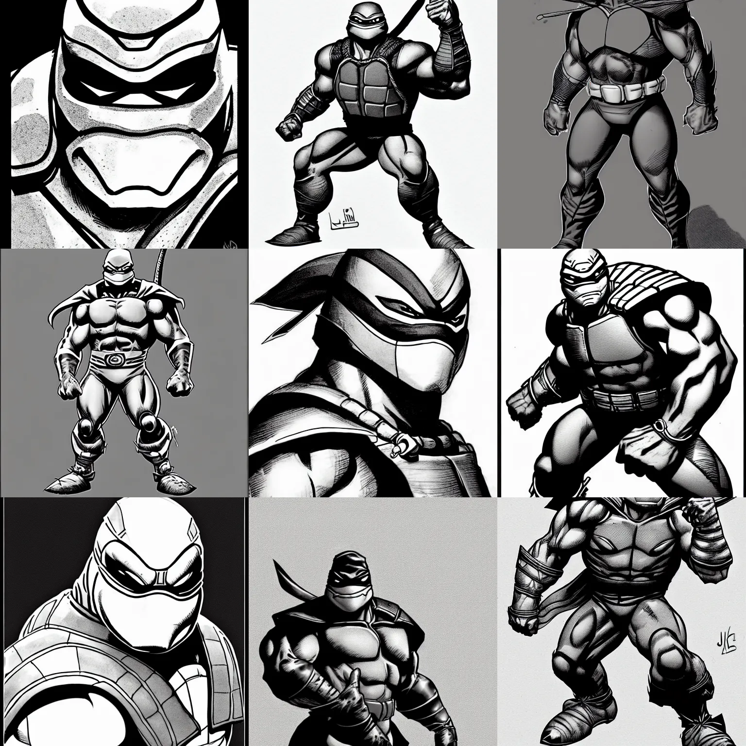 Prompt: anthropomorphic ninja turtle!!! jim lee!!! sideview full shot!! flat ink sketch grayscale by jim lee close up in the style of jim lee, ( attention pose ) cyborg! battle armor rugged knight hulk turtle animal superhero by jim lee