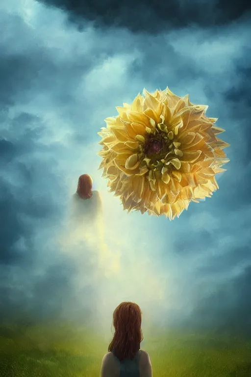 Image similar to closeup giant dahlia flower as head, girl standing on mountain, surreal photography, blue storm clouds, dramatic light, impressionist painting, digital painting, artstation, simon stalenhag