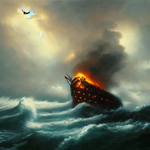 Image similar to A burning pirate ship on a stormy sea getting struck by lightning, oil painting, high detail, godrays, smooth, sharp, 4k, dramatic lightning, bloom, gloomy