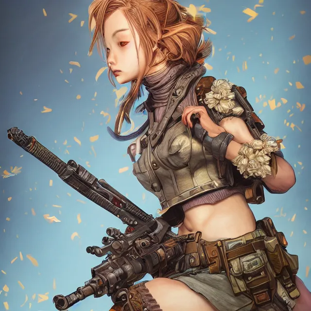 Image similar to the portrait of lawful neutral semi - colorful female infantry gunner as absurdly beautiful, gorgeous, elegant, young gravure idol, an ultrafine hyperdetailed illustration by kim jung gi, irakli nadar, intricate linework, bright colors, octopath traveler, final fantasy, unreal engine 5 highly rendered, global illumination, radiant light, detailed and intricate environment