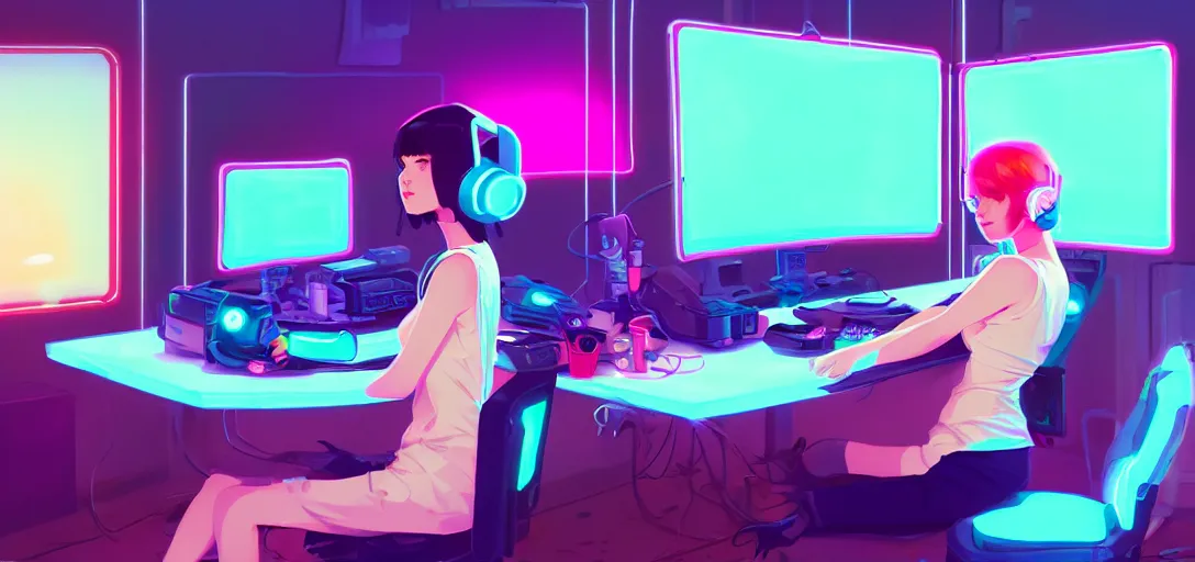 Image similar to a woman sitting in front of screens, gamer, computer nerd, cute room, neon lights, gamer aesthetic, lofi vibes, strong crisp lineart and flat color, by ilya kuvshinov, krenz cushart, Greg Rutkowski, trending on artstation