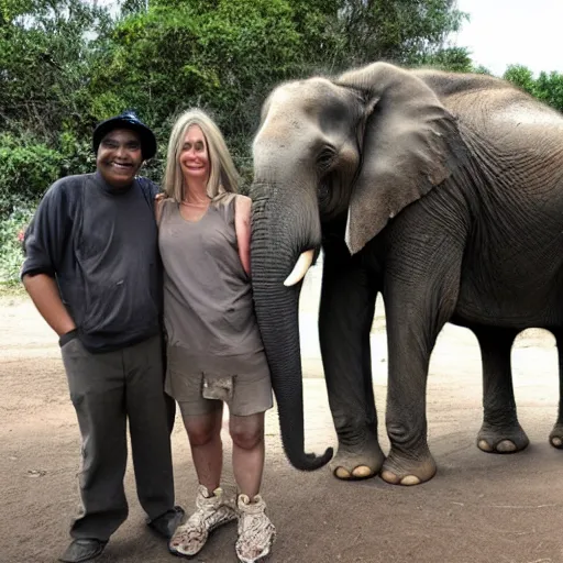 Image similar to a couple of people standing next to an elephant