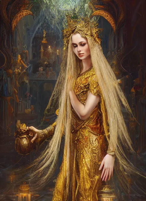 Prompt: soft focus oil painting on canvas of beautiful full body concept art, beautiful faced female priestess with shiny hair wearing full intricate clothing standing in a slimy temple, godray, intricate lighting, micro detail, cg society