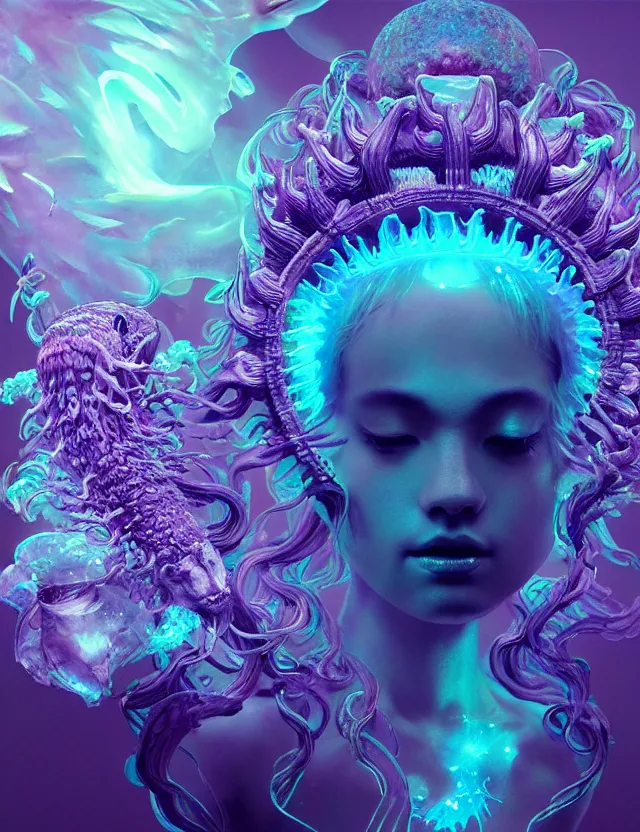 Image similar to goddess macro close - up portrait wigh crown made of ram skull. betta fish, jellyfish phoenix, bioluminiscent, plasma, ice, water, wind, creature, super intricate ornaments artwork by tooth wu and wlop and beeple and greg rutkowski