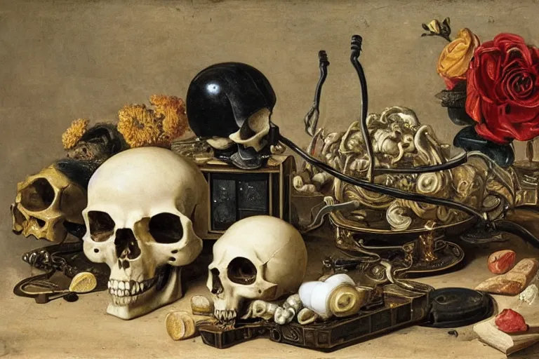 Image similar to a vanitas painting from the 21st century by clara peeters with a skull but also all the electronical gadgets of modern times, cables, wires
