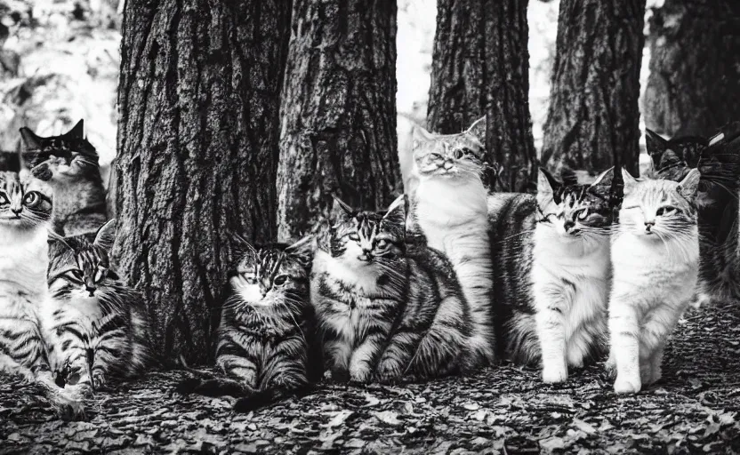 Prompt: pack of cats, on trees, on ground, wood, lomography effect, analogue photo, unfocused, monochrome