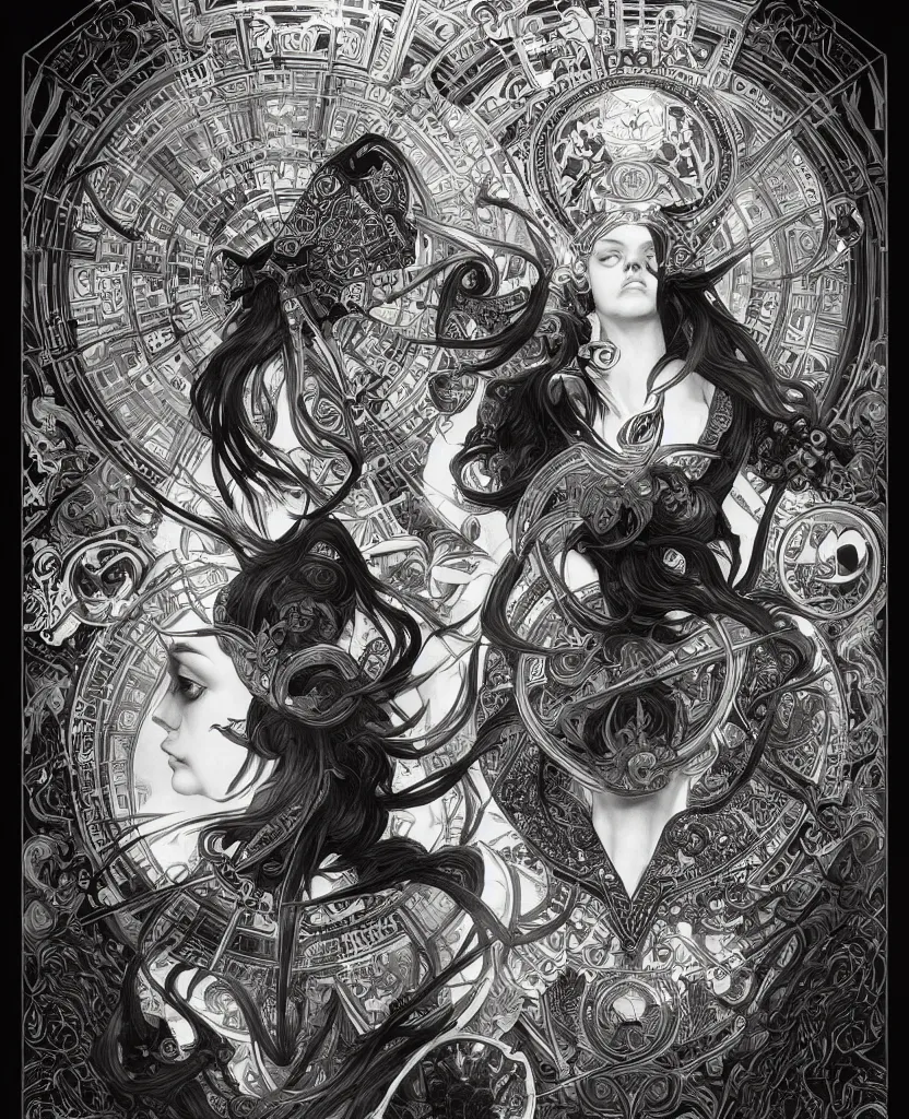 Prompt: black and white illustration of geometrical alchemical glyphs, deep focus, intricate, elegant, highly detailed, pen and ink style, artstation, concept art, matte, sharp focus, art by artgerm and greg rutkowski and alphonse mucha