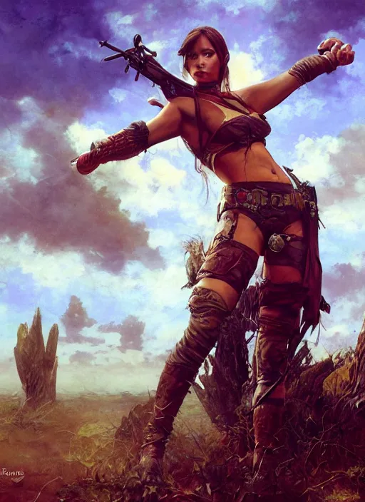 Prompt: hyper realistic hunter girl, full body, human proportion, rule of thirds, conceptart, saturated colors, cinematic, vallejo, frazetta, royo, rowena morrill, juan gimenez