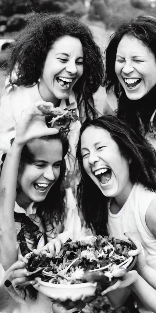 Image similar to 35mm photograph of women laughing with salad