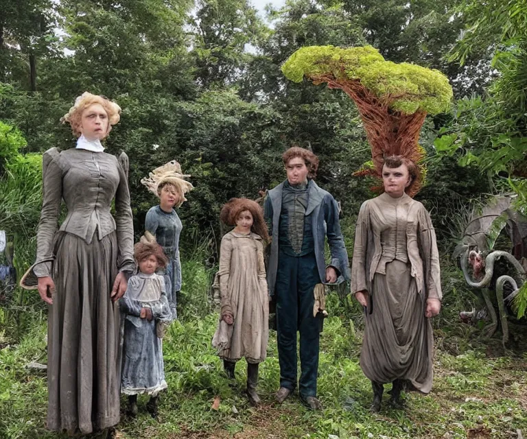 Prompt: still from a sci fi blockbuster movie made in 2022, set in 1860, of a family standing next to some strange wild alien plants and flowers, family are wearing 1850s era clothes, a humanoid alien standing nearby, in a park on a strange alien planet, good lighting, 4k, in focus faces, detailed faces, good photography, oscar winner, 35mm macro lens