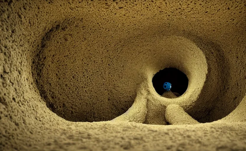 Prompt: hyper liminal photo, sponge with many tunnels inside each hole, tunnels lead to different worlds, surreal, ominous creature hiding detailed, high definition, mysterious, low quality photo, surrealist depiction of a normal sponge, trending, m. c. esher