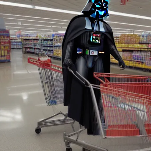 Image similar to A still of a Darth Vader shopping for groceries at Walmart with a shopping cart, 4k, 35mm, photograph, photoreal, ultra realistic, highly detailed, professional lighting