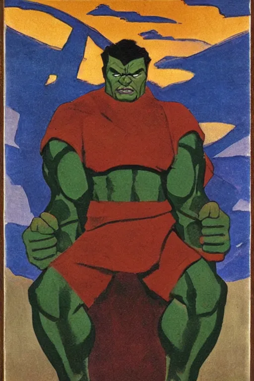 Image similar to hulk, marvel, artwork by nicholas roerich,