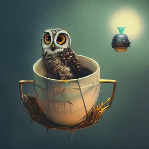 Prompt: long shot of a very cute owl chick nesting in a very futuristic cup, esao andrews, m. w. kaluta, yoshita amano, humorous illustration, hyperrealistic, big depth of field, warm colors, night scenery, low light, 3 d octane render, 4 k, conceptart, hyperdetailed, hyperrealistic, trending on artstation