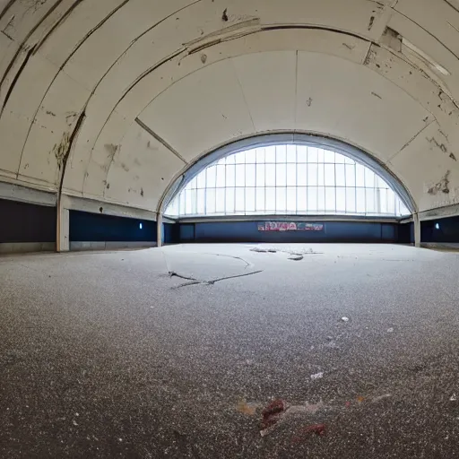 Image similar to distant single toilet in the middle of a huge abandoned mall, wide angle photography