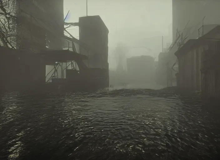 Image similar to dark, misty, foggy, flooded new york city street swamp in Destiny 2, liminal creepy, dark, dystopian, abandoned highly detailed 4k in-game destiny 2 screenshot gameplay showcase