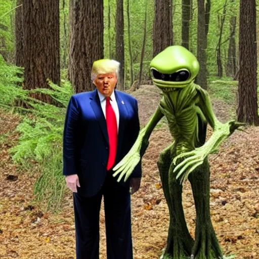 Prompt: A photo of donald trump with an alien in the woods