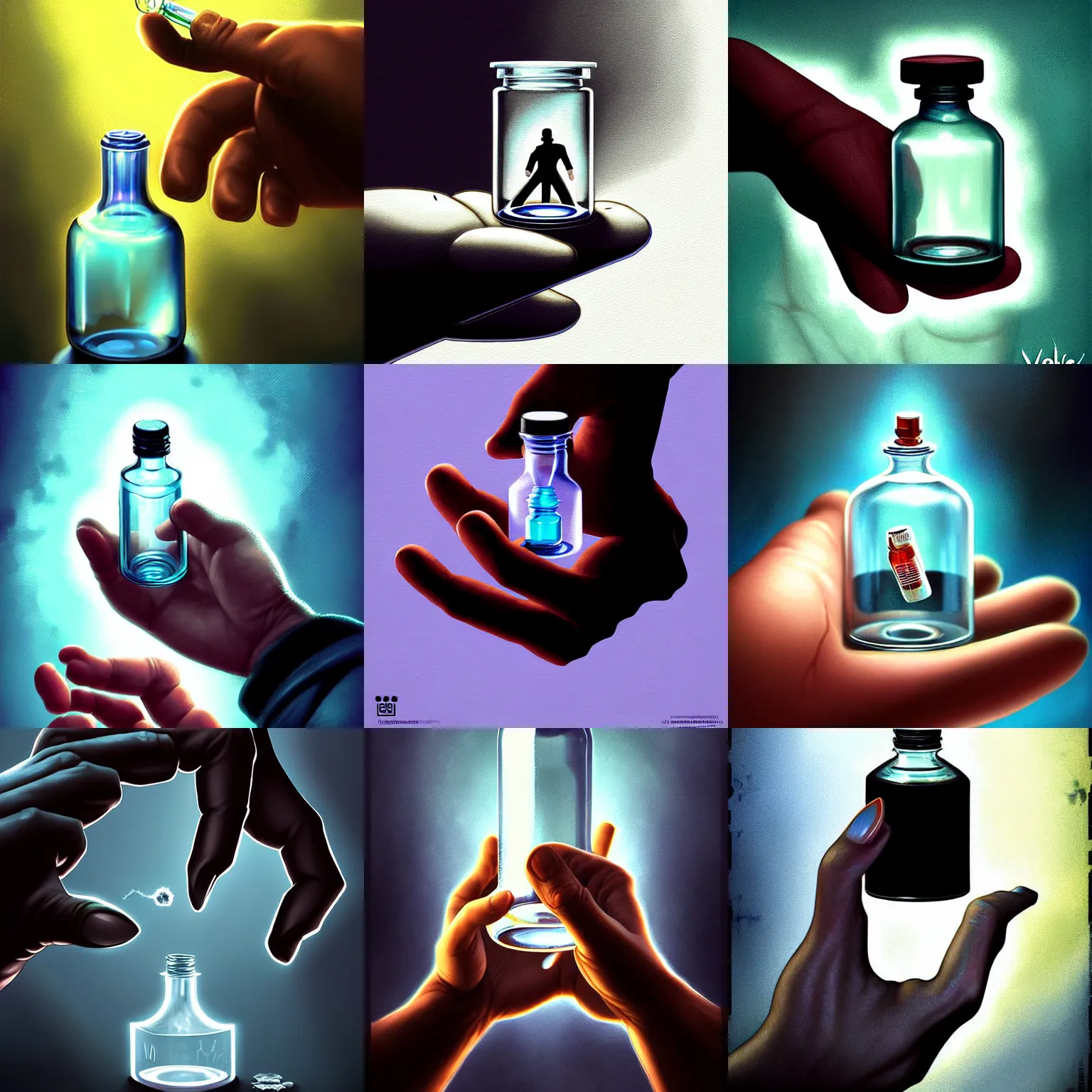 Image similar to detailed digital art of a normal hand holding a single tiny unlabeled clear medicine bottle half-full of mysterious black liquid; magic the gathering art by Volkan Baga, rk post, Lindsey Look, artstation