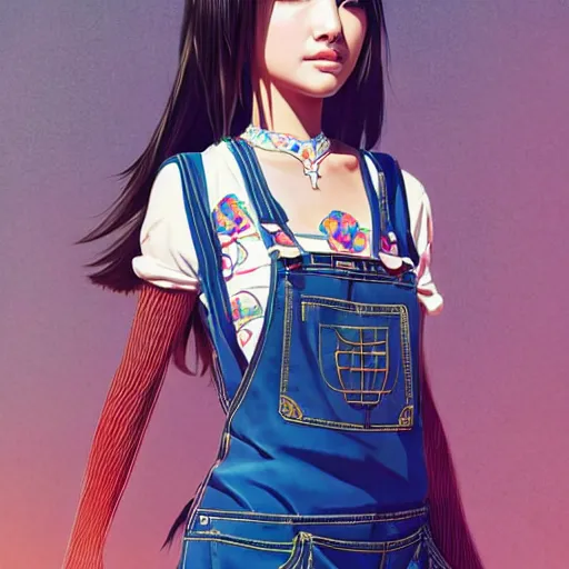 Image similar to a beautiful young japanese natalie portman alluring gravure model, wearing elaborate elegant designer overalls, elegant overalls with mesoamerican patterns, mesoamerican native street fashion, by akira toriyama and wlop and ilya kuvshinov and artgerm and, aesthetic, gorgeous, stunning, alluring, attractive, artstation, deviantart, pinterest, digital art